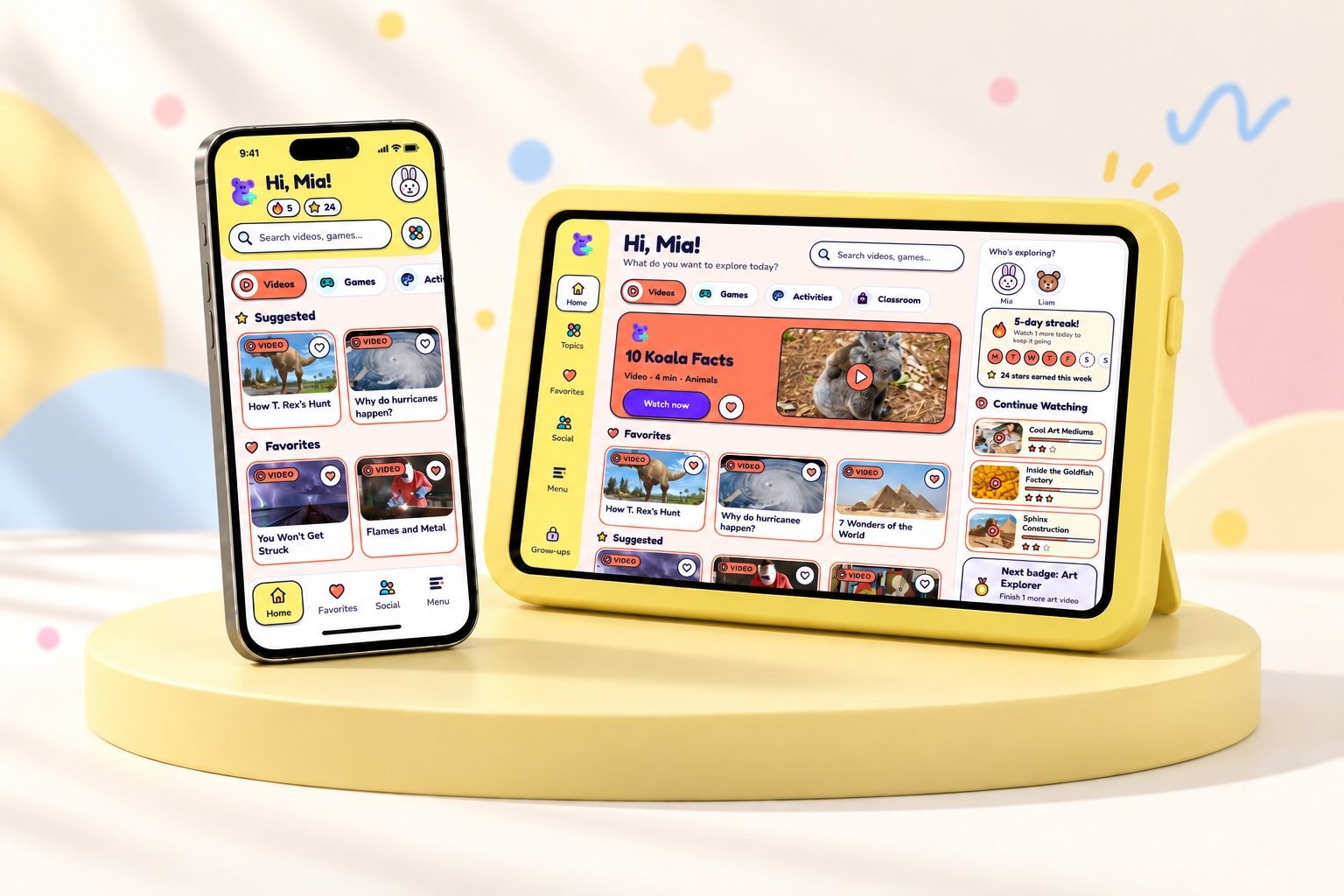 ContentPlus 2.0 on a phone and a tablet standing on a yellow plinth, both showing the kids' home screen
