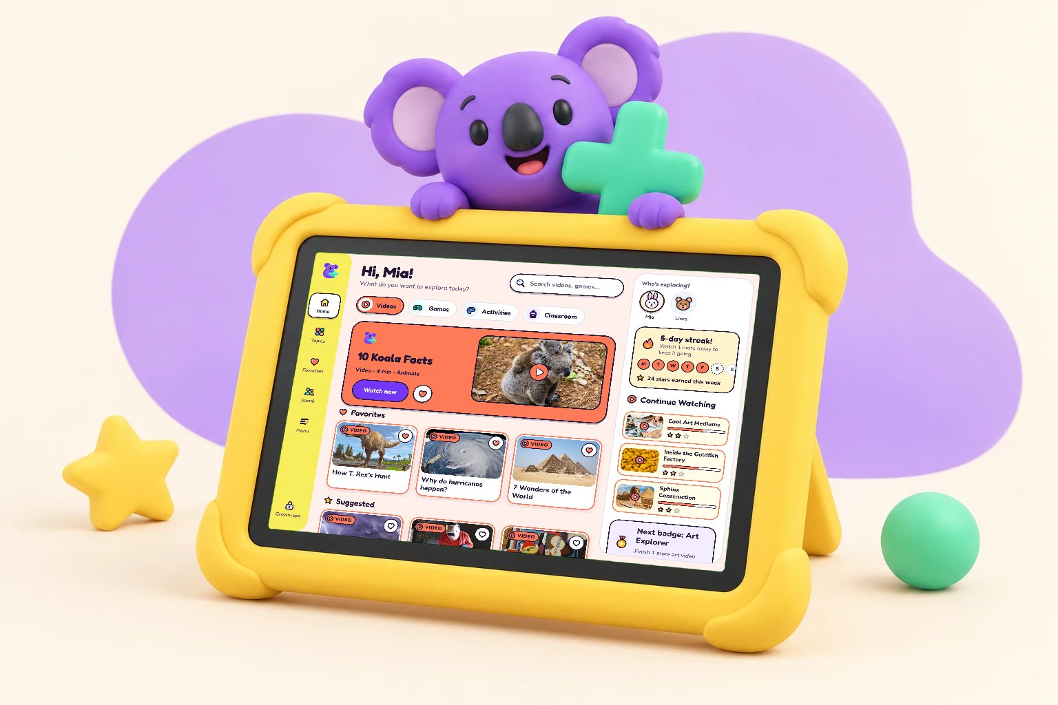 The ContentPlus device: a tablet in a chunky yellow case showing the kids' home screen, with Koko peeking over the top