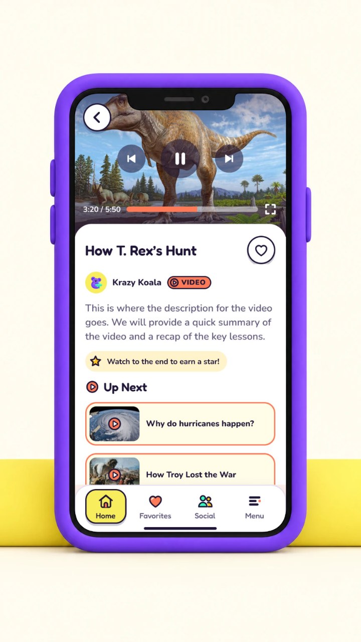 The ContentPlus video player showing How T. Rex’s Hunt, on a phone in a grape-purple case