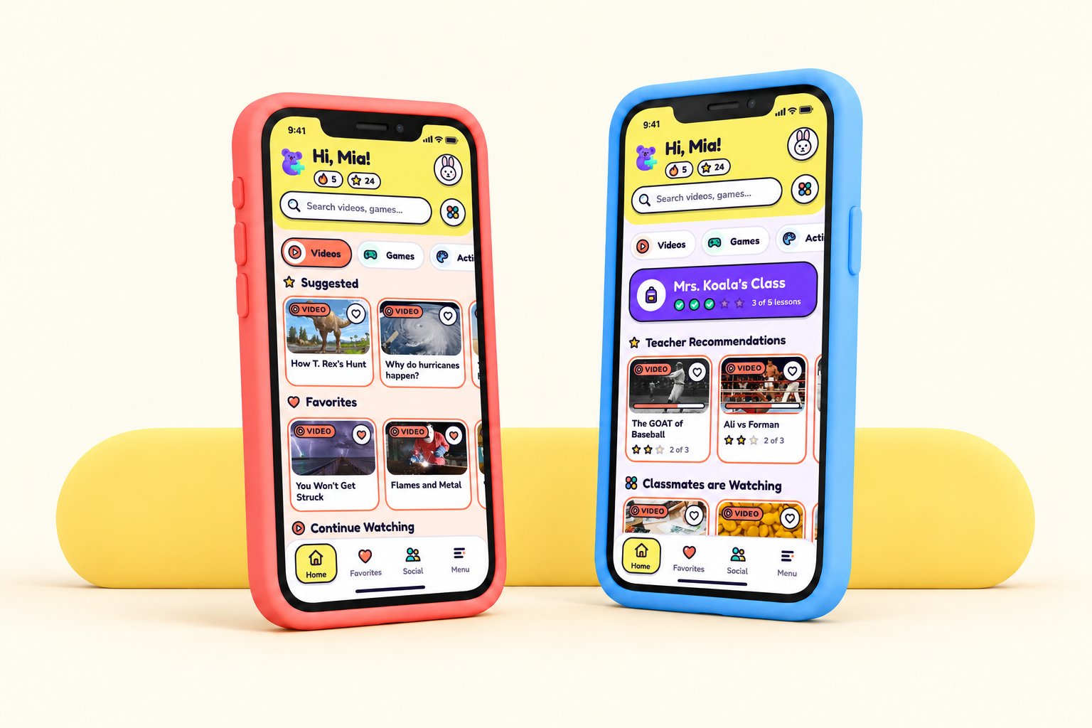 Two phones in coral and sky-blue cases: the kids' home screen and the classroom home screen