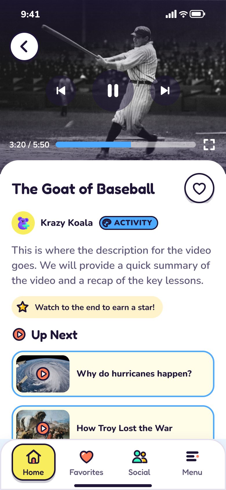 The Goat of Baseball activity playing, with an ACTIVITY badge, a description, a star reward hint and Up Next
