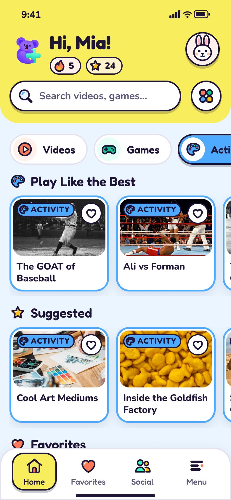 Home on the Activities tab: activity cards such as The GOAT of Baseball and Ali vs Forman under Play Like the Best, and more under Suggested