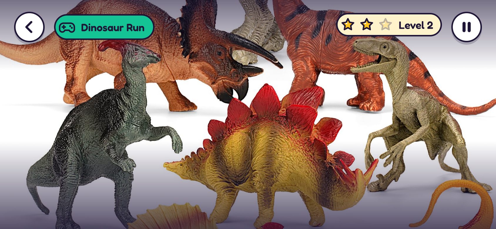 Dinosaur Run, in landscape: the game at Level 2, with stars earned, a back button and pause