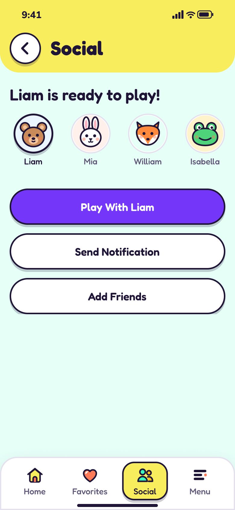 Social: Liam is ready to play! Liam is selected, with a Play With Liam button