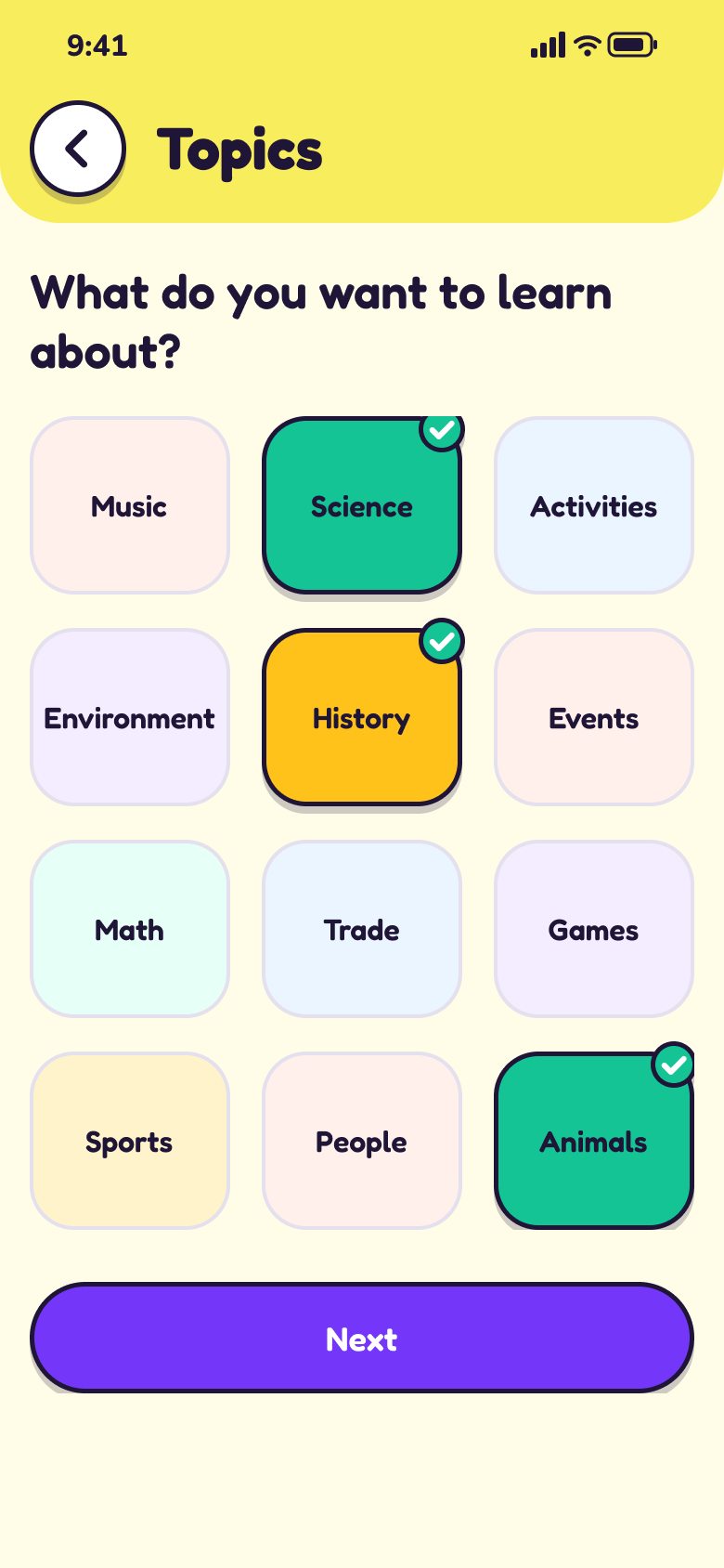 What do you want to learn about? A grid of topic tiles with Science, History and Animals selected, and a Next button
