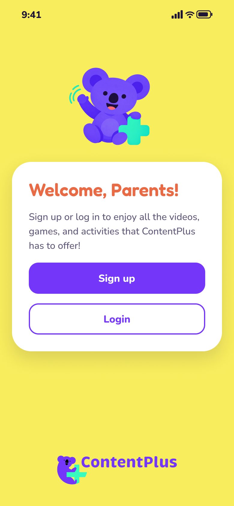 Welcome, Parents!: Koko waves above a card with Sign up and Login buttons, on a yellow screen with the ContentPlus logo