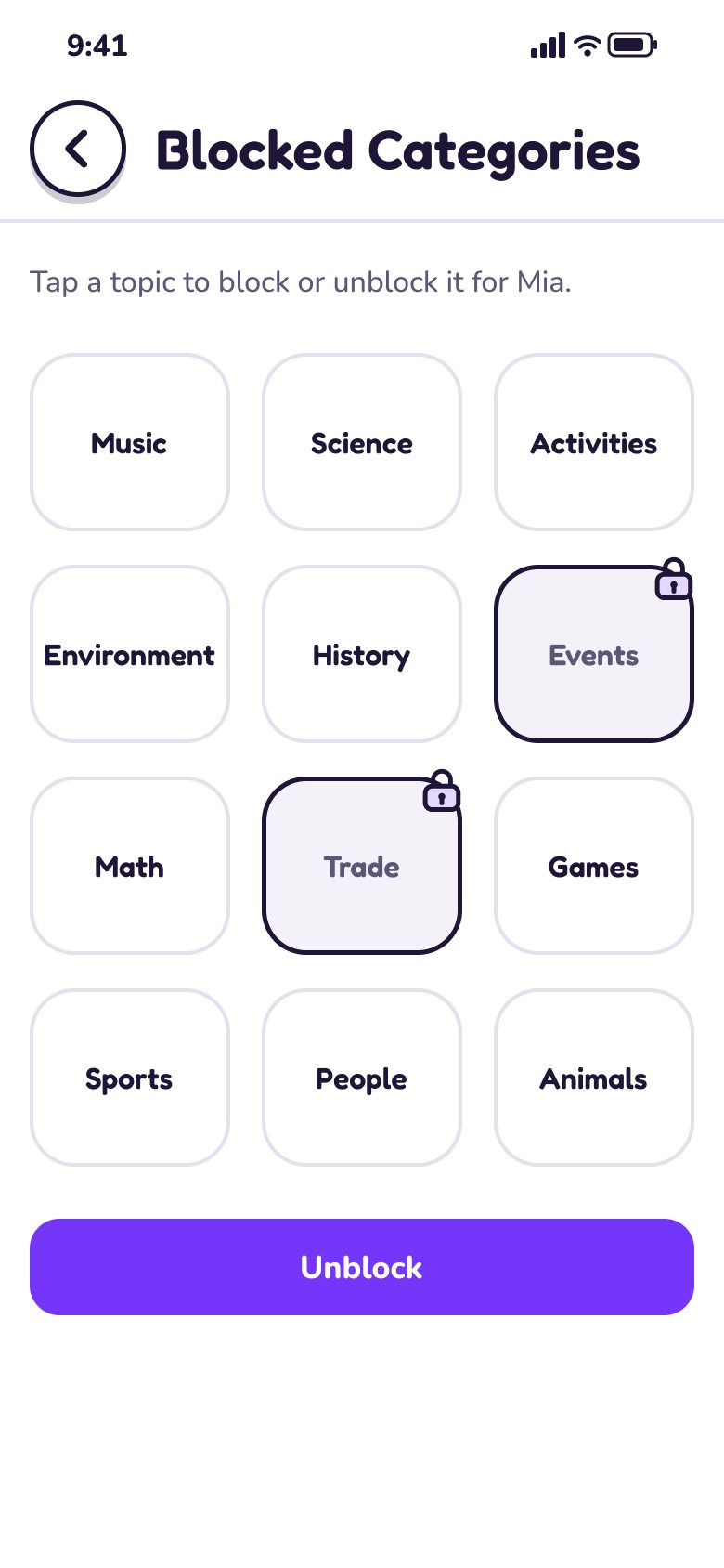 Blocked Categories: tap a topic to block or unblock it for Mia; Events and Trade are locked, with an Unblock button