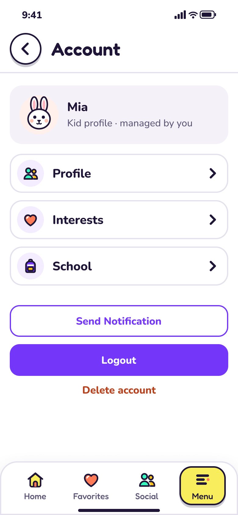 Account: Mia’s kid profile, managed by you, with Profile, Interests and School, Send Notification, Logout and Delete account