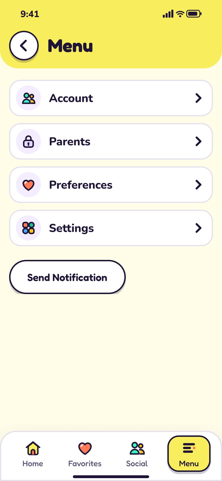 Menu: Account, Parents, Preferences and Settings, with a Send Notification button