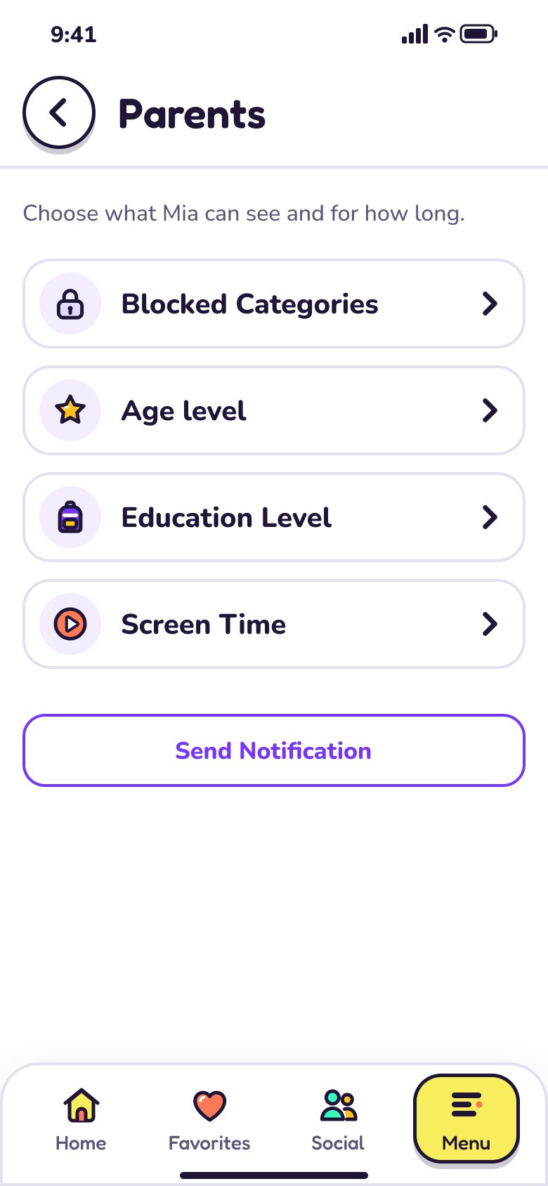 Parents: choose what Mia can see and for how long, with Blocked Categories, Age level, Education Level and Screen Time