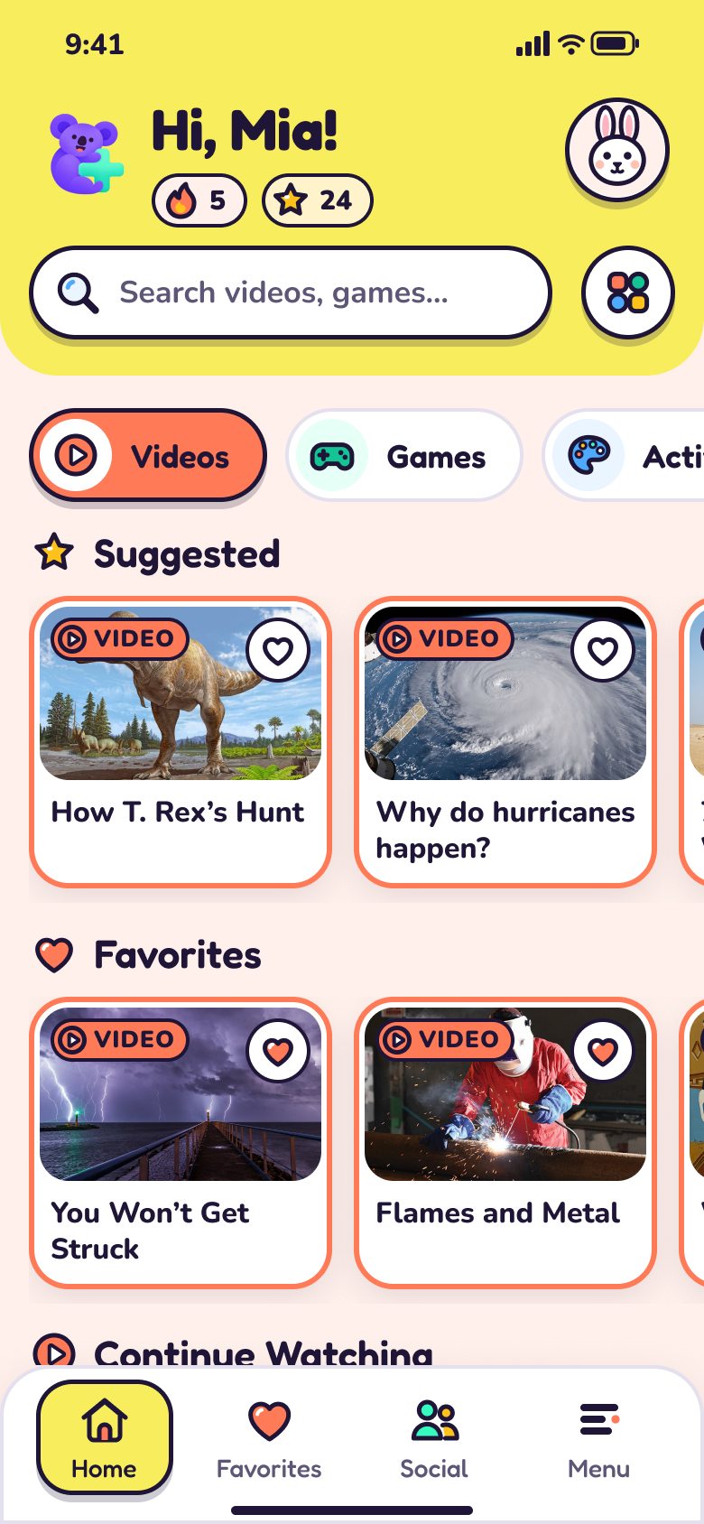 Home on the Videos tab: Hi, Mia! with streak and star counts, a search field, category tabs, and video cards under Suggested and Favorites