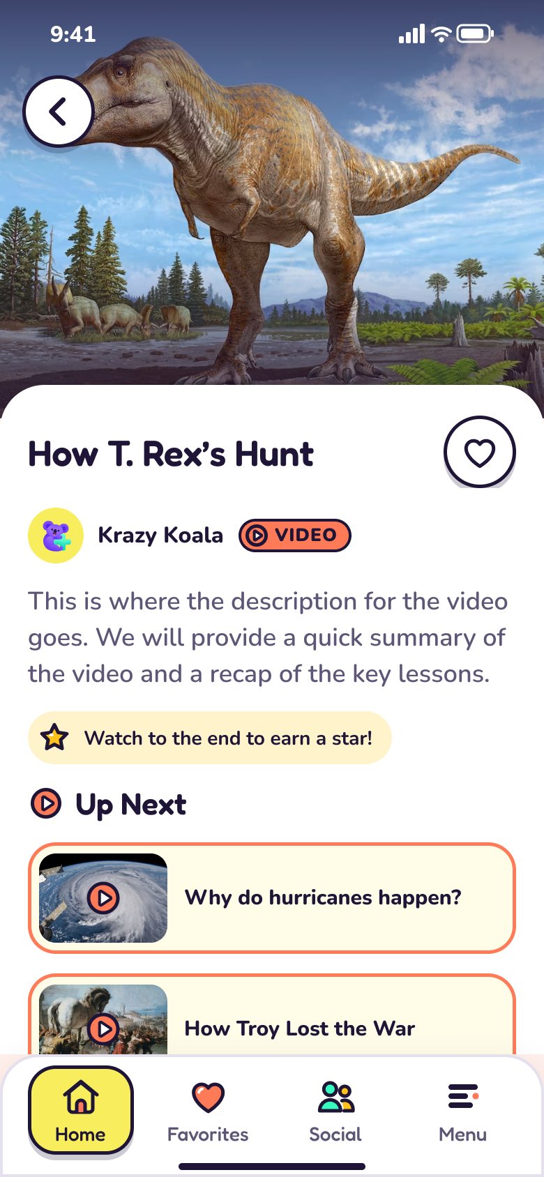 How T. Rex’s Hunt: the video, the Krazy Koala channel with a VIDEO badge, a short description, a Watch to the end to earn a star! hint, and Up Next