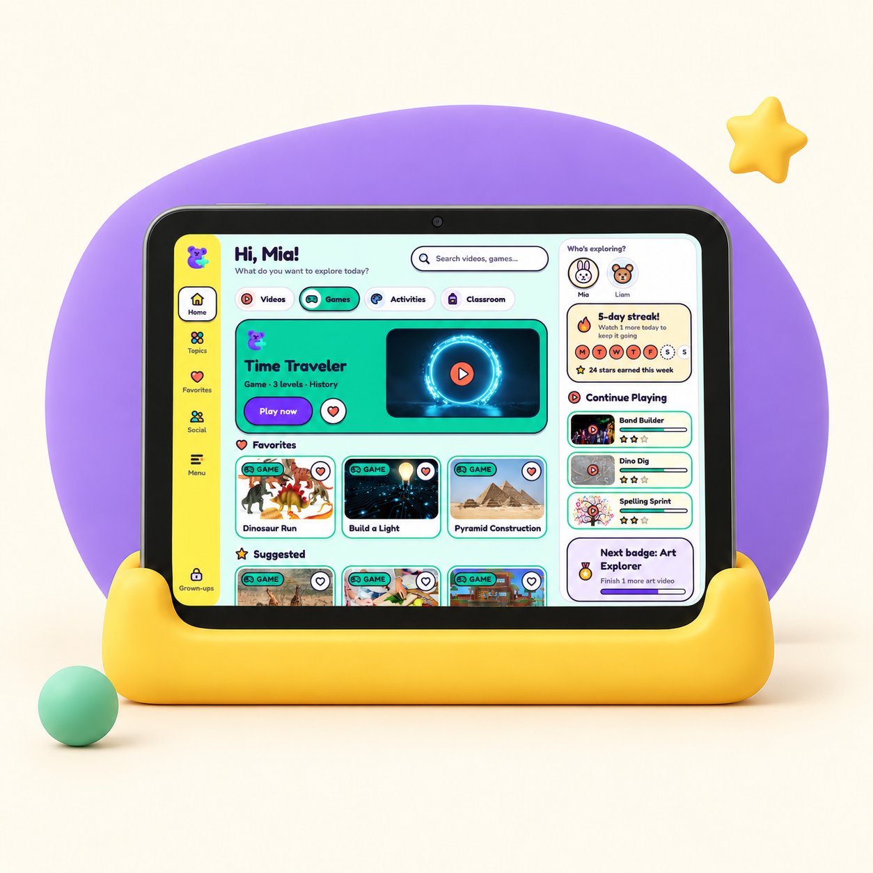 ContentPlus 2.0 home screen on a tablet in a yellow stand