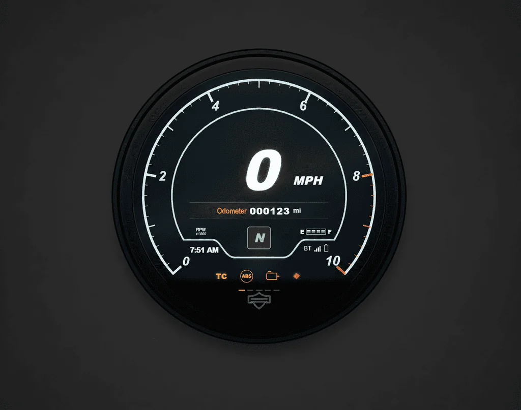 A round motorcycle instrument cluster reading 0 MPH