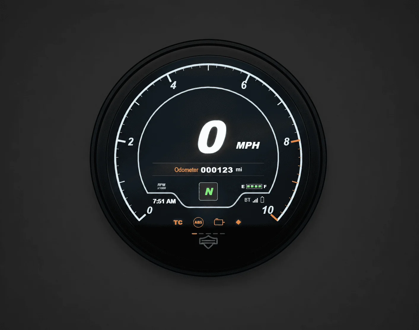 The prototype dashboard: a round instrument cluster reading 0 MPH