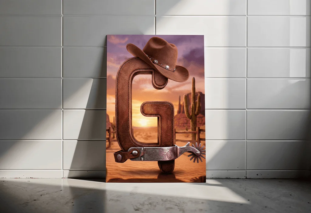 A western-inspired dimensional letter G with a cowboy hat.