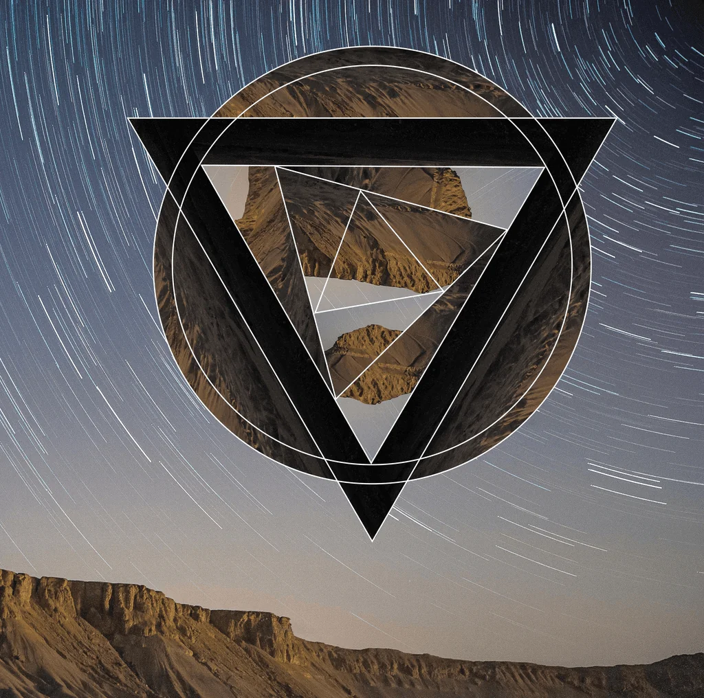A layered triangle and circle over a star-trail landscape.