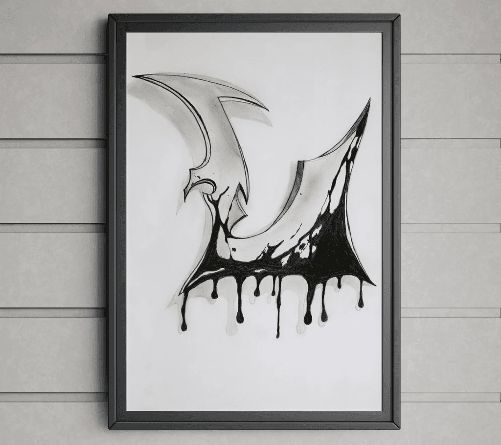 An abstract black ink form displayed in a frame.
