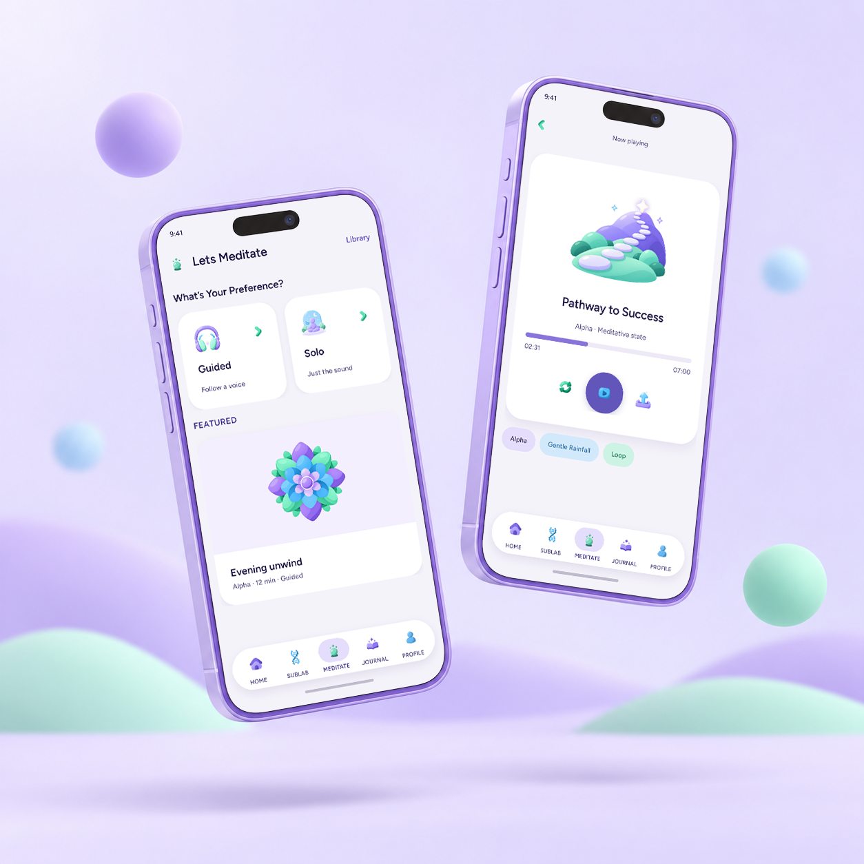 Two floating phones showing the Meditate screen and Now playing