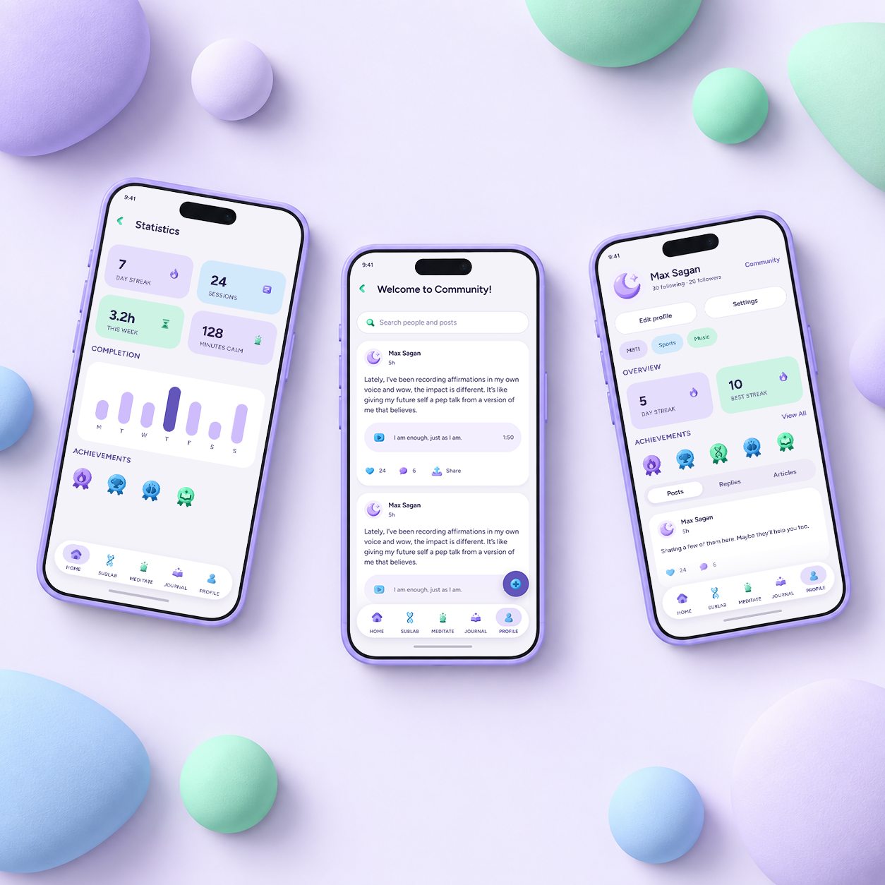 Three phones lying among pastel pebbles, showing Statistics, Community and Profile