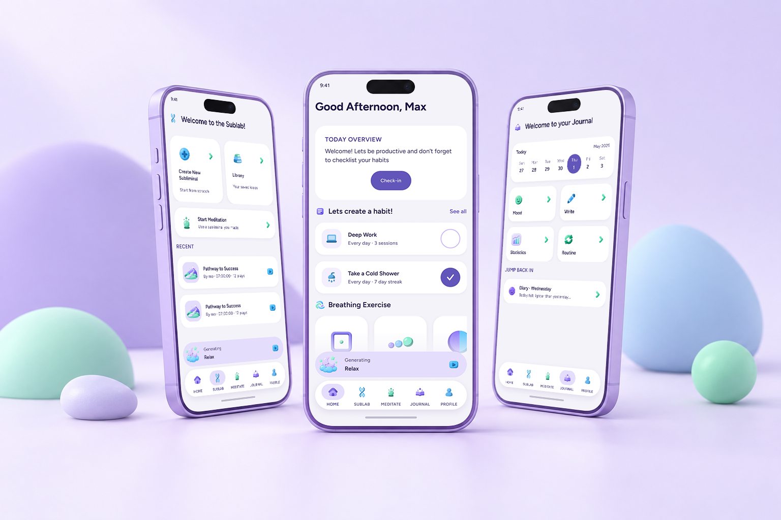 Three lavender phones on a pastel set, showing the Sublab, Home and Journal screens