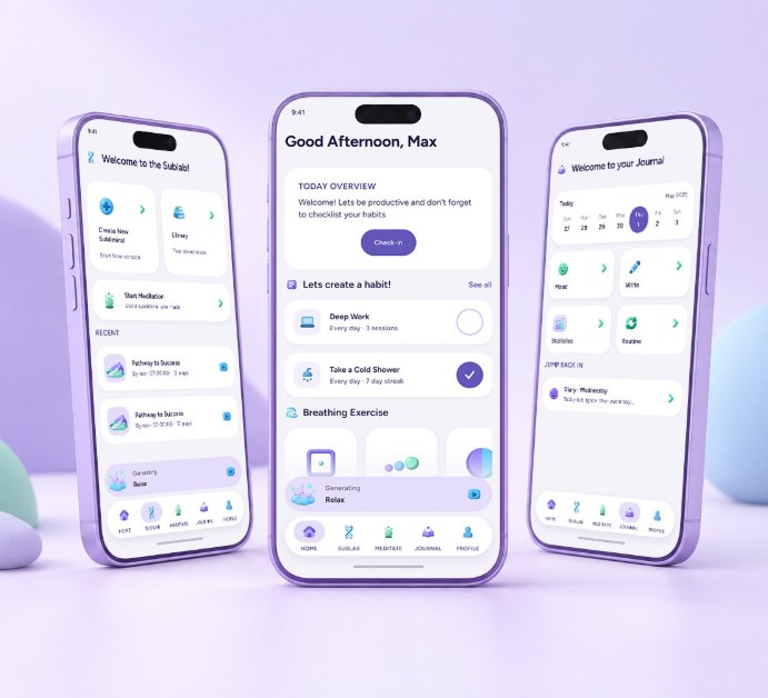 Liminal v3 SubLab, home and journal screens on three lavender phones